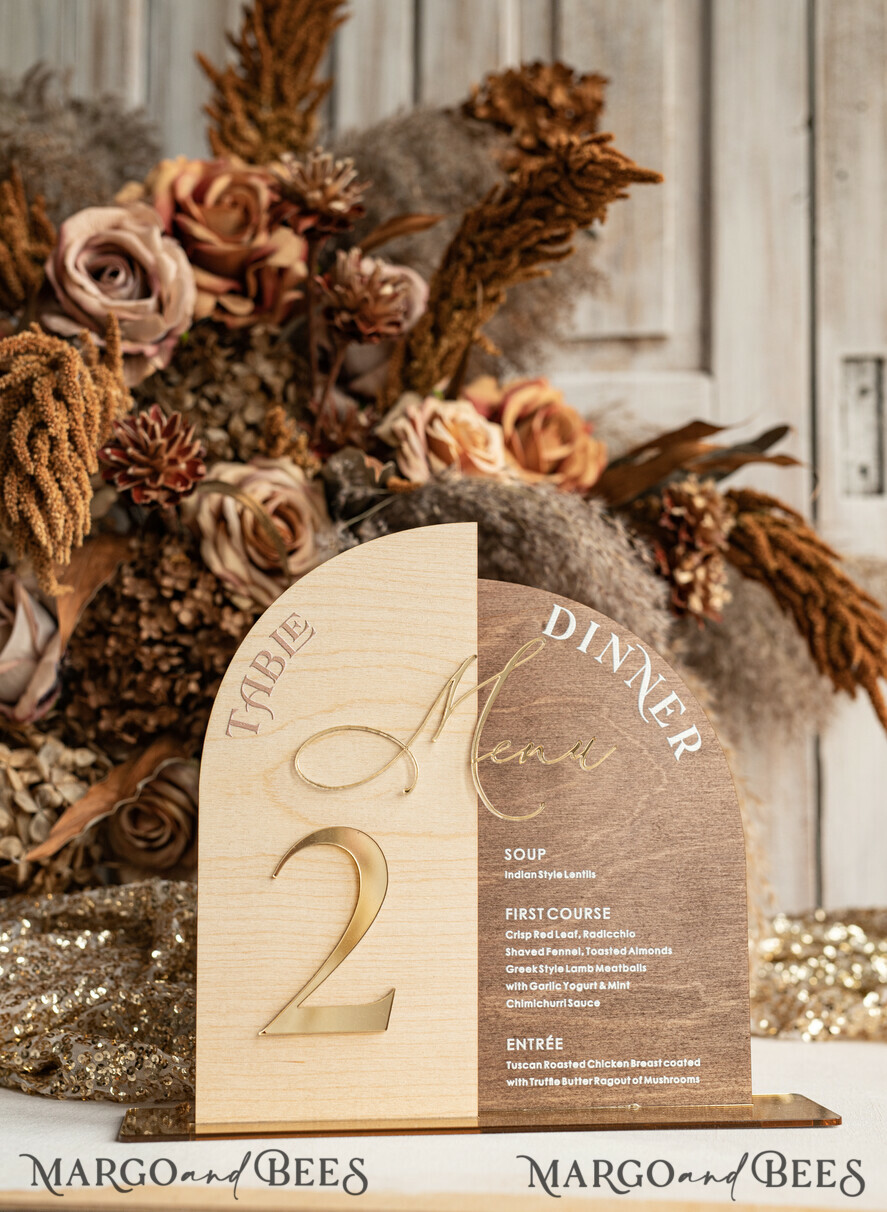 TISCHDEKORATIONSCHILDER   Holz Eco Rustikale Tischnummern Rustikales Holzbogen Tischnummer & Abendessen Menü Kombination, Holz & Acryl gold Schild, Gold Scheune Plexi Tischnummern & Menü Kombination Rustikal Boho Hochzeit Tischdekoration, Hochzeitsbeschilderung Goldener Spiegel Tischnummern & Menü