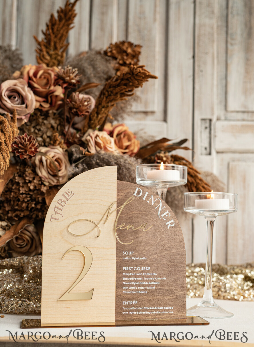 TISCHDEKORATIONSCHILDER   Holz Eco Rustikale Tischnummern Rustikales Holzbogen Tischnummer & Abendessen Menü Kombination, Holz & Acryl gold Schild, Gold Scheune Plexi Tischnummern & Menü Kombination Rustikal Boho Hochzeit Tischdekoration, Hochzeitsbeschilderung Goldener Spiegel Tischnummern & Menü