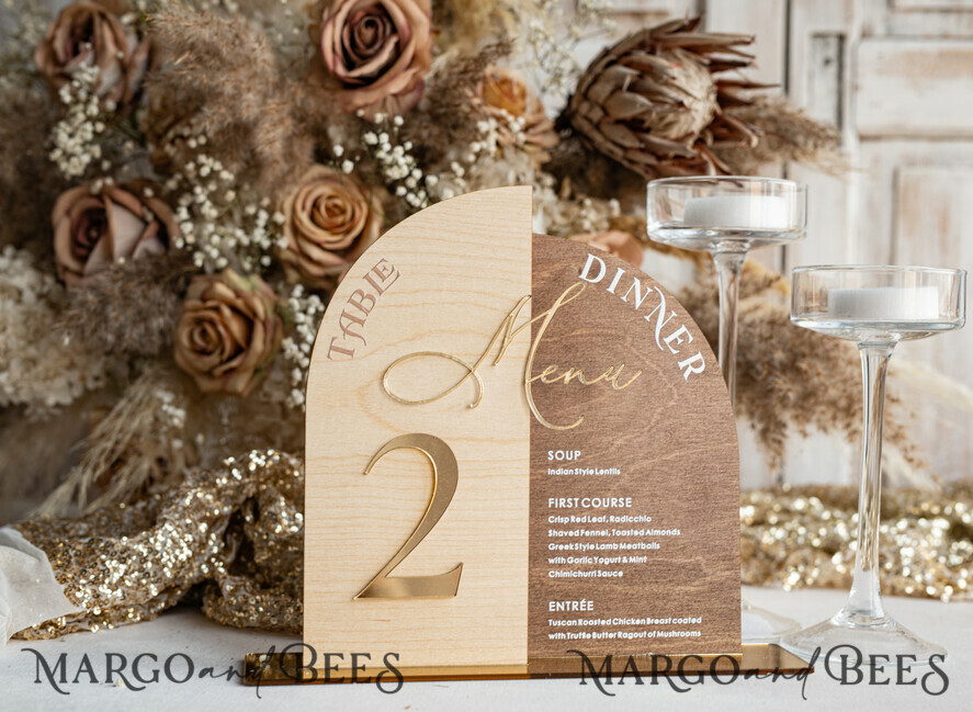 TISCHDEKORATIONSCHILDER   Holz Eco Rustikale Tischnummern Rustikales Holzbogen Tischnummer & Abendessen Menü Kombination, Holz & Acryl gold Schild, Gold Scheune Plexi Tischnummern & Menü Kombination Rustikal Boho Hochzeit Tischdekoration, Hochzeitsbeschilderung Goldener Spiegel Tischnummern & Menü