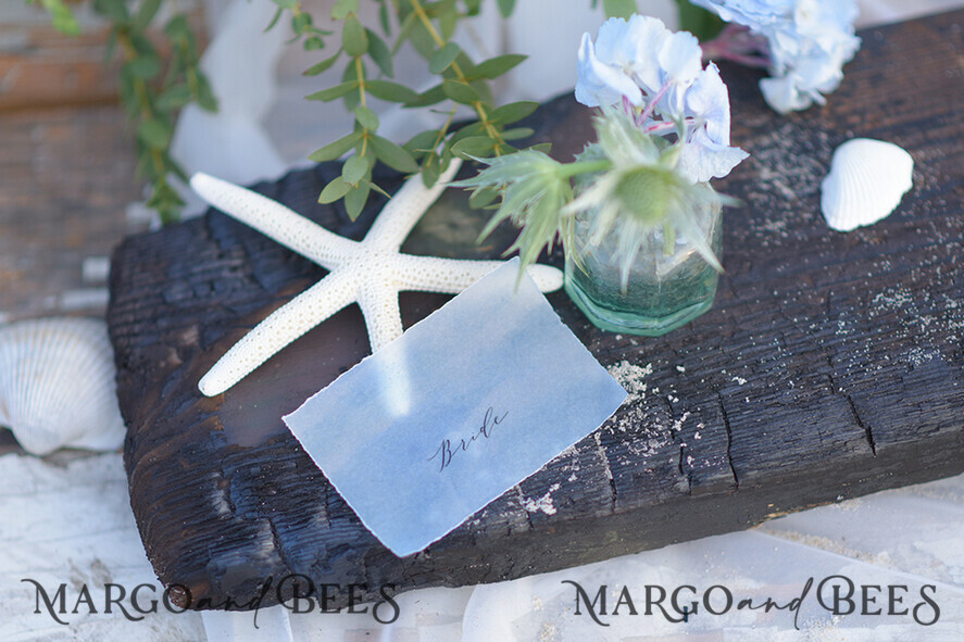 PLATZKARTEN / TISCHKARTEN  
 Strand-/Marin-/Destination Hochzeits Thema Minimalistische Aquarell-Hochzeitsplatzkarten, marineblaue Namensschilder für Ihre Hochzeitstische, elegante Platzkarten, staubblaue Platzkarten, bearbeitbare Textnamensschilder.