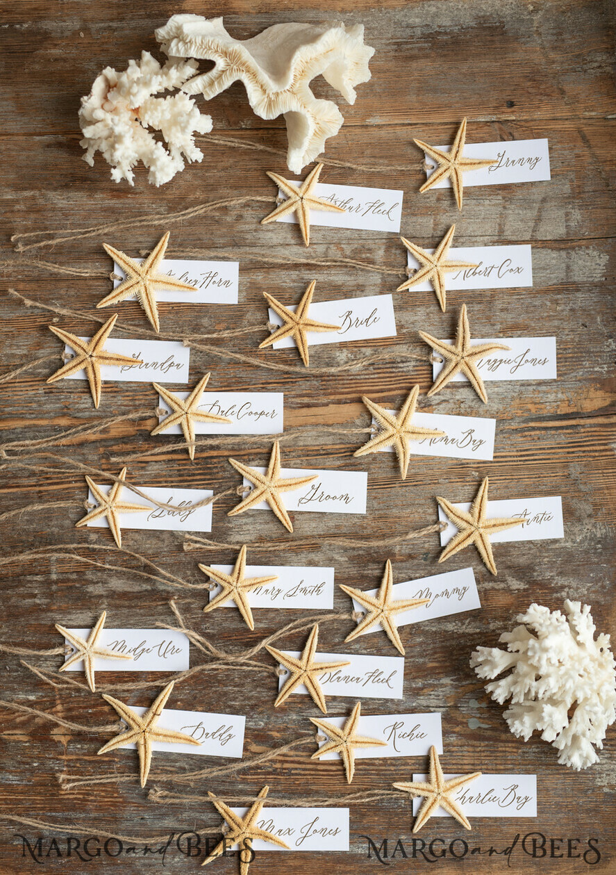 PLATZKARTEN / TISCHKARTEN  
 Strand-/Marin-/Destination Hochzeits Thema Elegante Marine-Hochzeitsplatzkarten mit einem Seestern und Jute-Schnur, minimalistische Namensschilder für Ihre Hochzeitstische, romantische Hochzeitsplatzschilder, bearbeitbarer Text