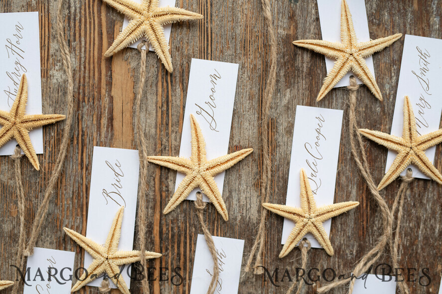 PLATZKARTEN / TISCHKARTEN  
 Strand-/Marin-/Destination Hochzeits Thema Elegante Marine-Hochzeitsplatzkarten mit einem Seestern und Jute-Schnur, minimalistische Namensschilder für Ihre Hochzeitstische, romantische Hochzeitsplatzschilder, bearbeitbarer Text