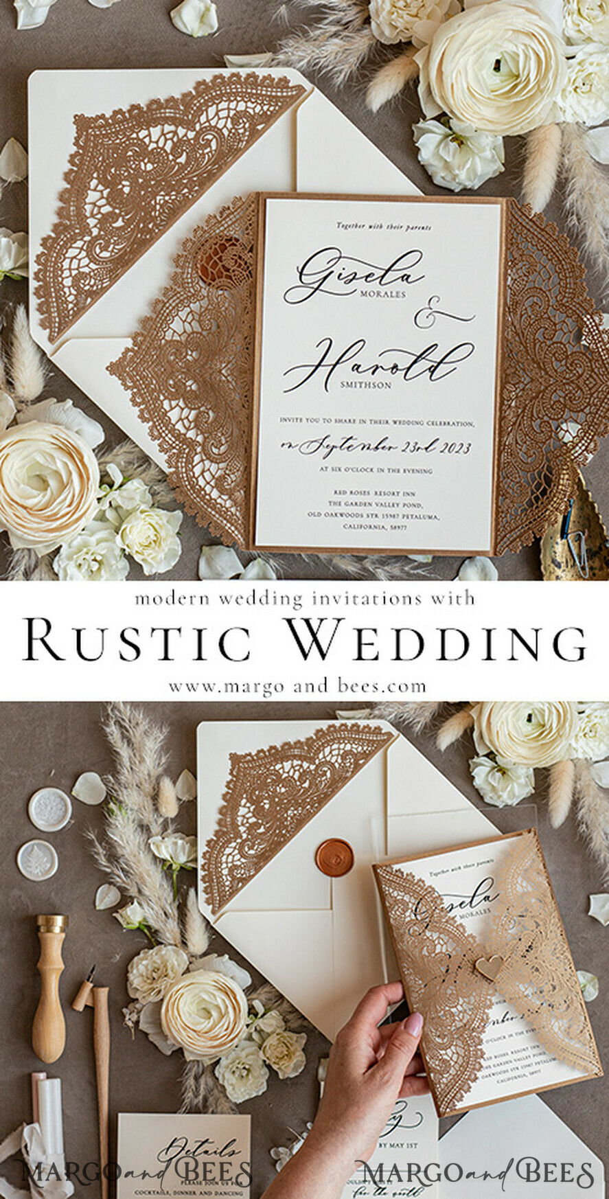 HOCHZEITS EINLADUNGEN lasergeschnitten / graviert / geprägt Elegante Hochzeitseinladungen Suite, Spitzenrustikale Hochzeitseinladungsset, rustikale Hochzeitseinladungen, ökologische rustikale Hochzeitskarten.