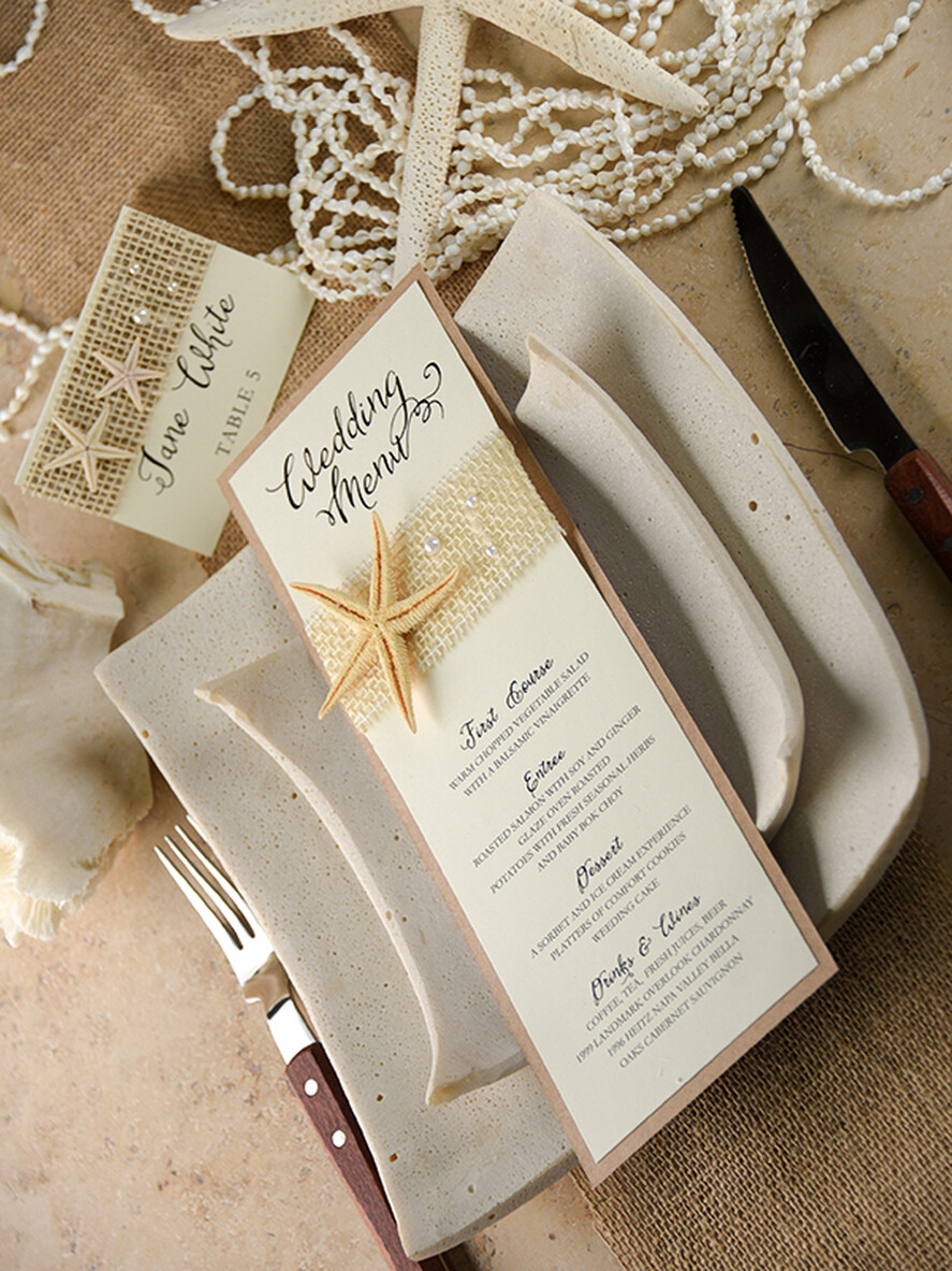 MENÜ & PROGRAMME  
 Strand Romantisches Blaues Strandhochzeitsmenü, Destination Wedding Menü mit Raffia-Schnur, Dekorative marine Menükarte mit gezacktem Rand, Meereshochzeitsmenü, Einzigartiges Muschel-Hochzeitsmenü
