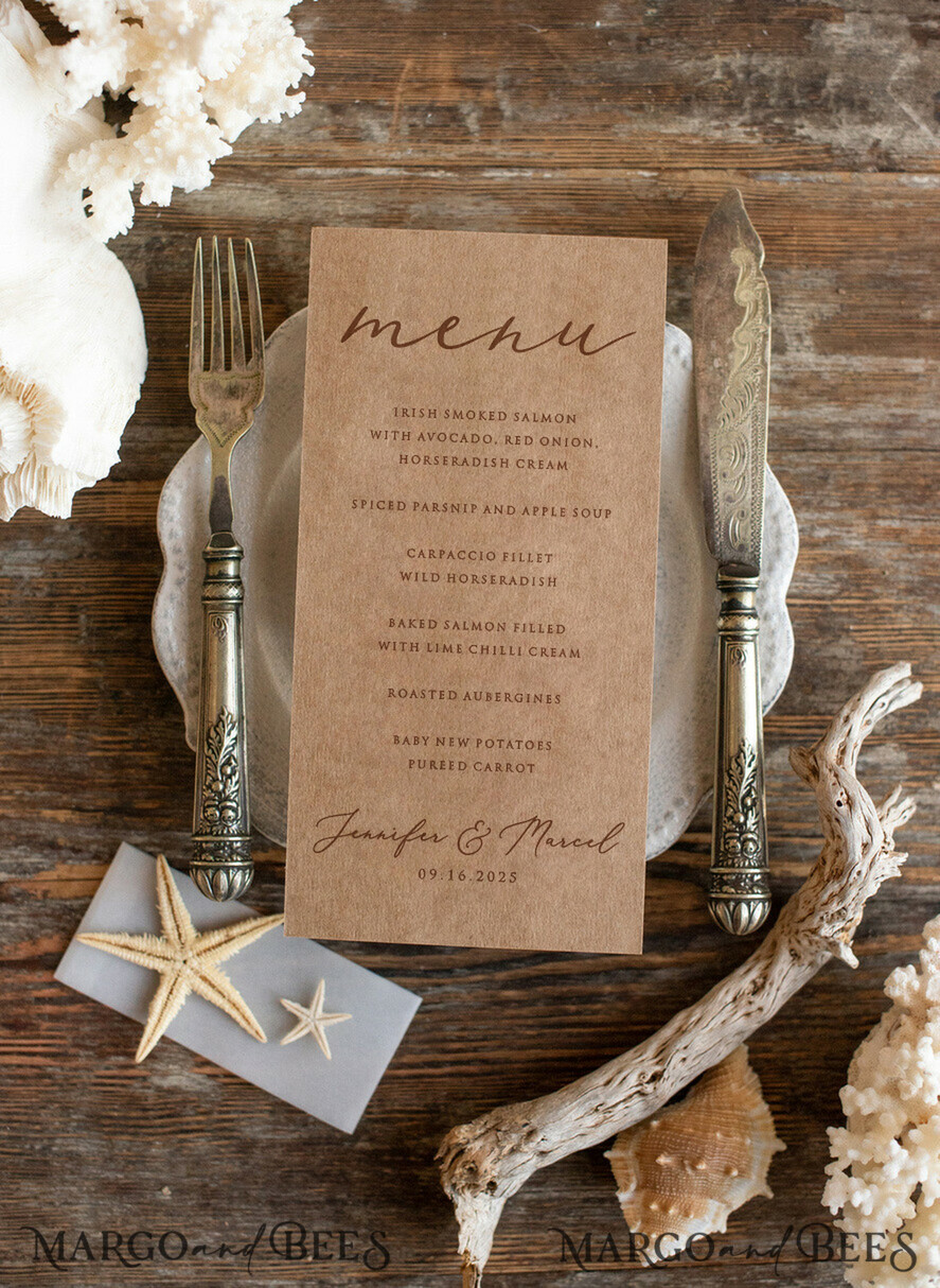 MENÜ & PROGRAMME  
 Strand Romantisches Strandhochzeitsmenü, Hochzeitsmenü für Destinationen mit Vellum-Bauchband und Seestern, Marine-Menükarten, Meer-Ozean-Hochzeitsmenü, einzigartiges Muschel-Hochzeitsmenü