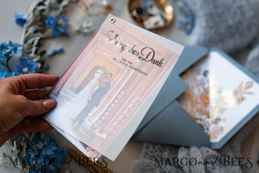 DANKE-KARTEN  
 modern/romantisch Hochzeit Dankeskarten mit Foto, Pergament Gold Dankeskarten Staubblau und Gold, individuell gestaltete Dankeskarten