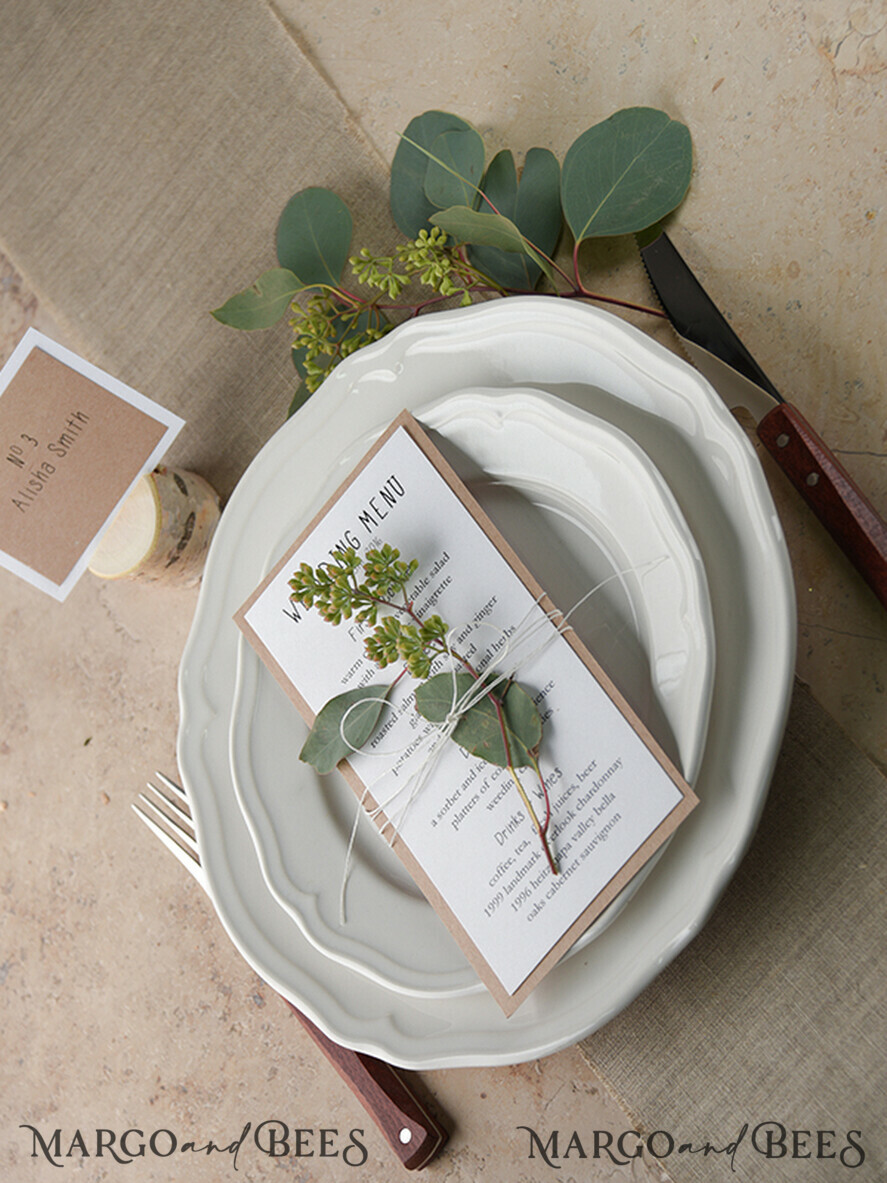 MENÜ & PROGRAMME  
 rustikal und Spitze Rustikales Hochzeitsmenü mit Zwirn, Hochzeitsdinner-Menü für die Scheune, weiße romantische personalisierte Karten, Kraft-Hochzeitsmenü, einfaches rustikales Hochzeitsmenü, elegante ökologische Hochzeitsmenü-Karten.