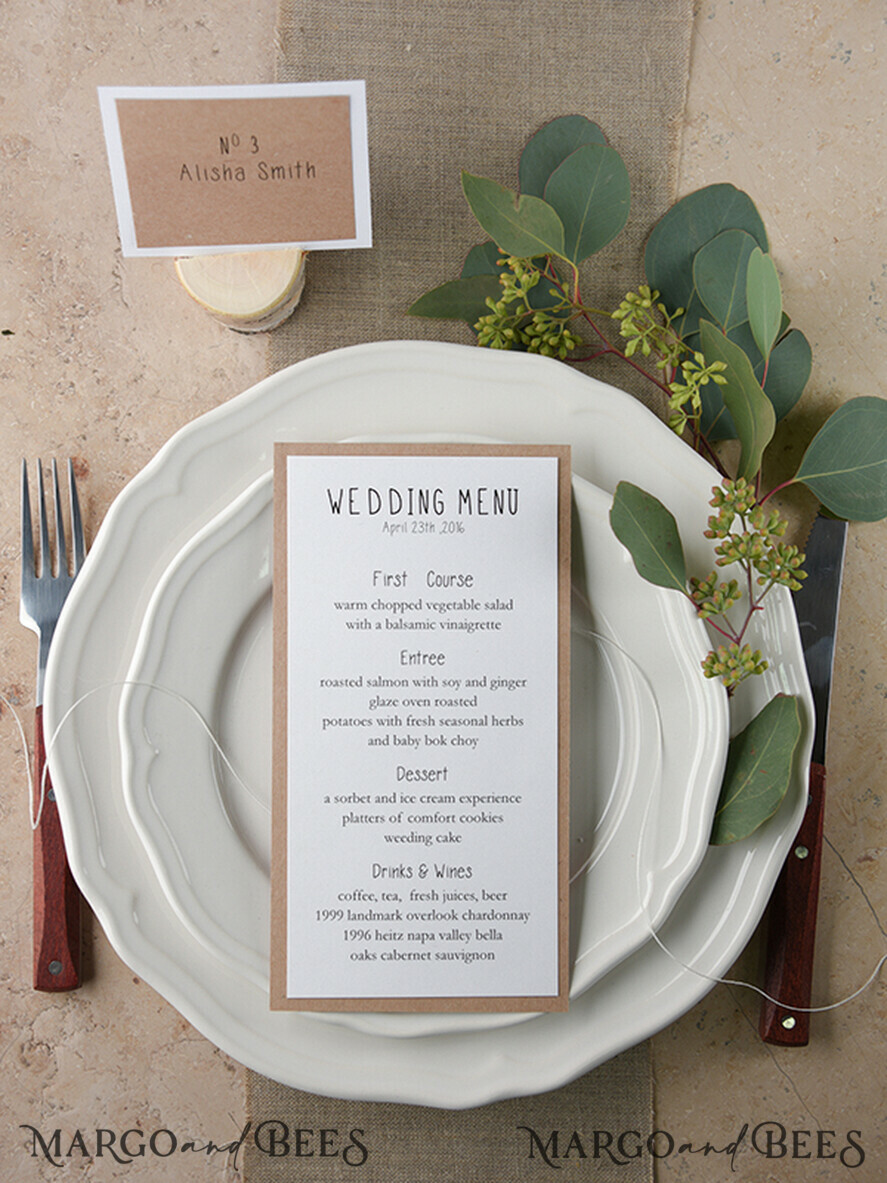 MENÜ & PROGRAMME  
 rustikal und Spitze Rustikales Hochzeitsmenü mit Zwirn, Hochzeitsdinner-Menü für die Scheune, weiße romantische personalisierte Karten, Kraft-Hochzeitsmenü, einfaches rustikales Hochzeitsmenü, elegante ökologische Hochzeitsmenü-Karten.
