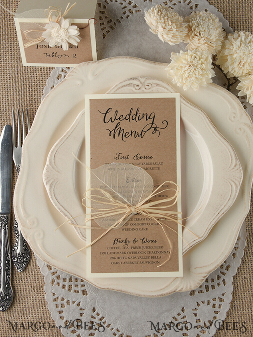 MENÜ & PROGRAMME  
 rustikal und Spitze Rustikales Braunes Hochzeitsmenü, Hochzeitsdinner-Menü für Scheunen, Öko-Romantische personalisierte Karten mit Kordel und Blatt, Kraft-Hochzeitsmenü, Einfaches rustikales Hochzeitsmenü, Elegante Öko-braune Hochzeitsmenü-Karten