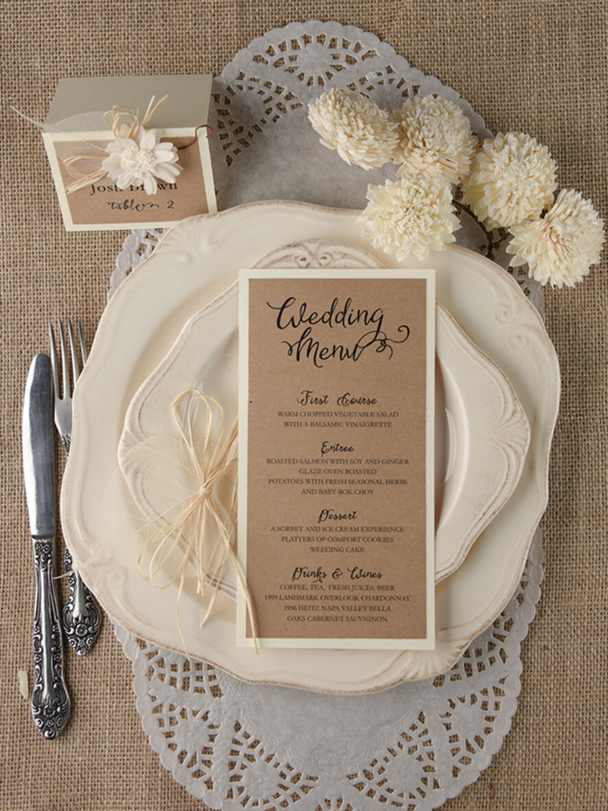 MENÜ & PROGRAMME  
 rustikal und Spitze Rustikales Braunes Hochzeitsmenü, Hochzeitsdinner-Menü für Scheunen, Öko-Romantische personalisierte Karten mit Kordel und Blatt, Kraft-Hochzeitsmenü, Einfaches rustikales Hochzeitsmenü, Elegante Öko-braune Hochzeitsmenü-Karten