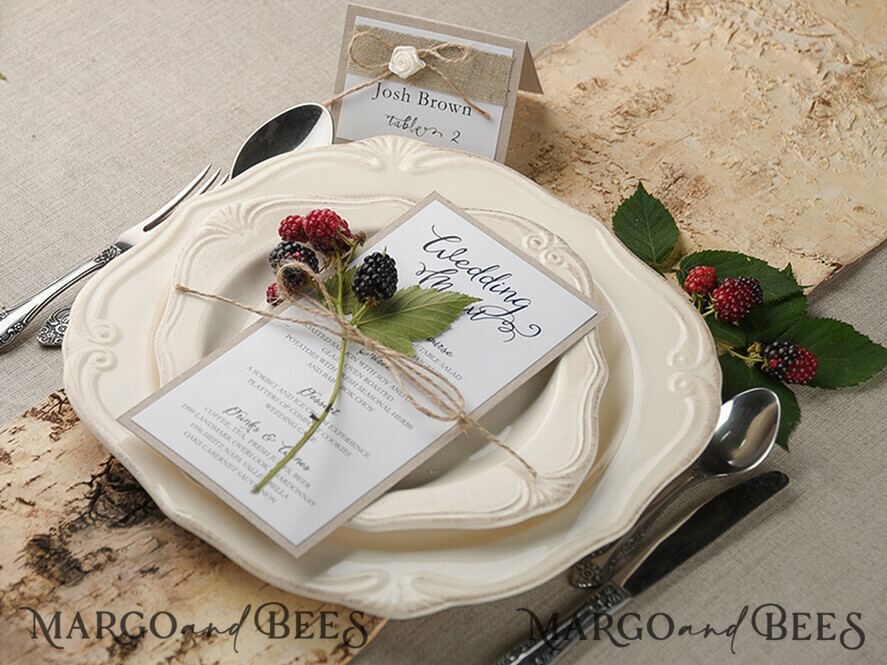 MENÜ & PROGRAMME  
 rustikal und Spitze Rustikales Hochzeitsmenü mit Jute-Schnur, Hochzeitsdinner-Menü für die Scheune, öko-romantische personalisierte Karten, Kraft-Hochzeitsmenü, einfaches rustikales Hochzeitsmenü, elegante ecrufarbene Hochzeitsmenü-Karten.