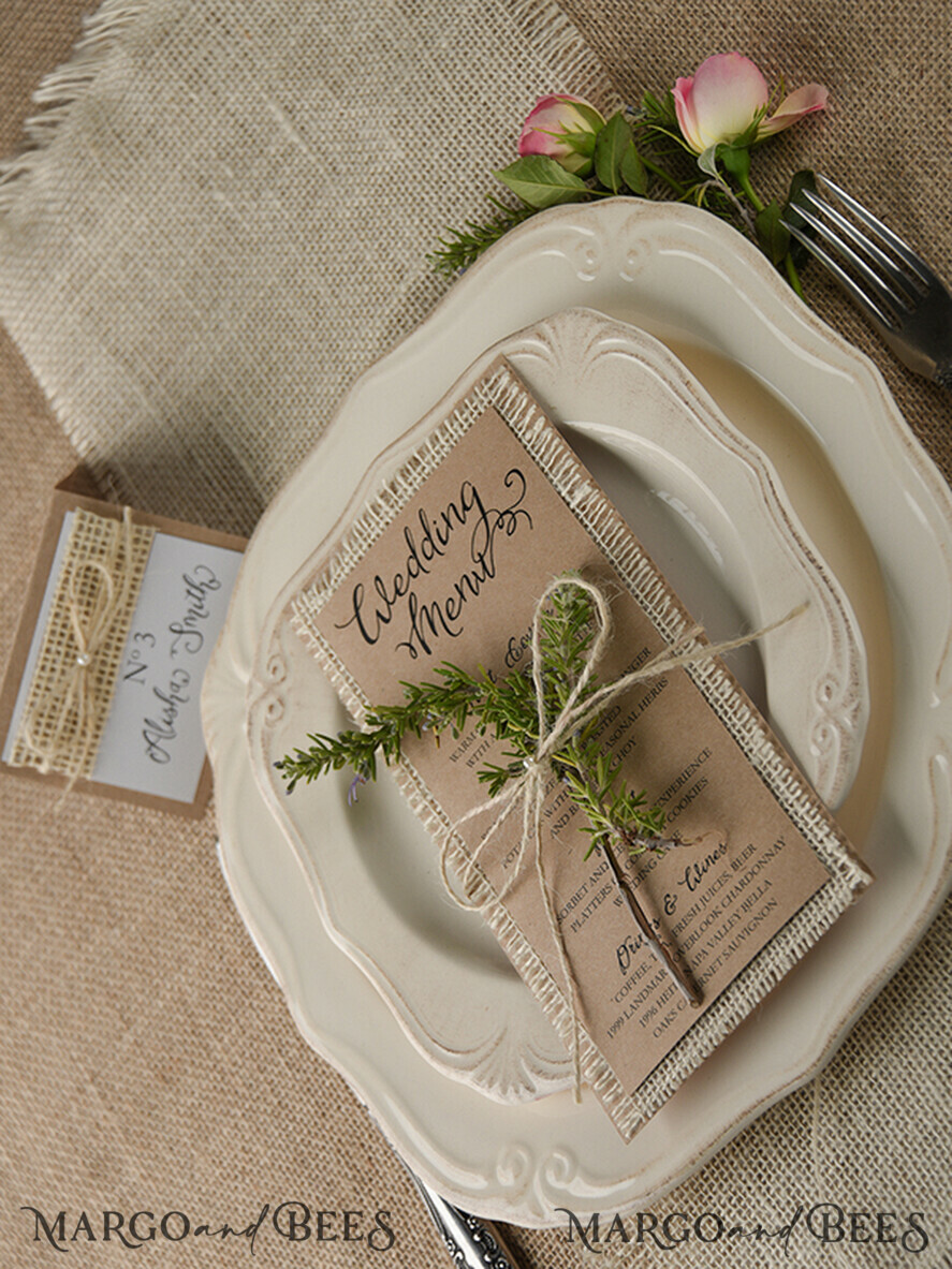 MENÜ & PROGRAMME  
 rustikal und Spitze Rustikales Braun und Jute-Hochzeitsmenü, Scheunenhochzeits-Dinner-Menü, öko-romantische personalisierte Karten, Kraft-Hochzeitsmenü, einfaches rustikales Hochzeitsmenü, elegantes öko-braunes Hochzeitsmenü-Karten