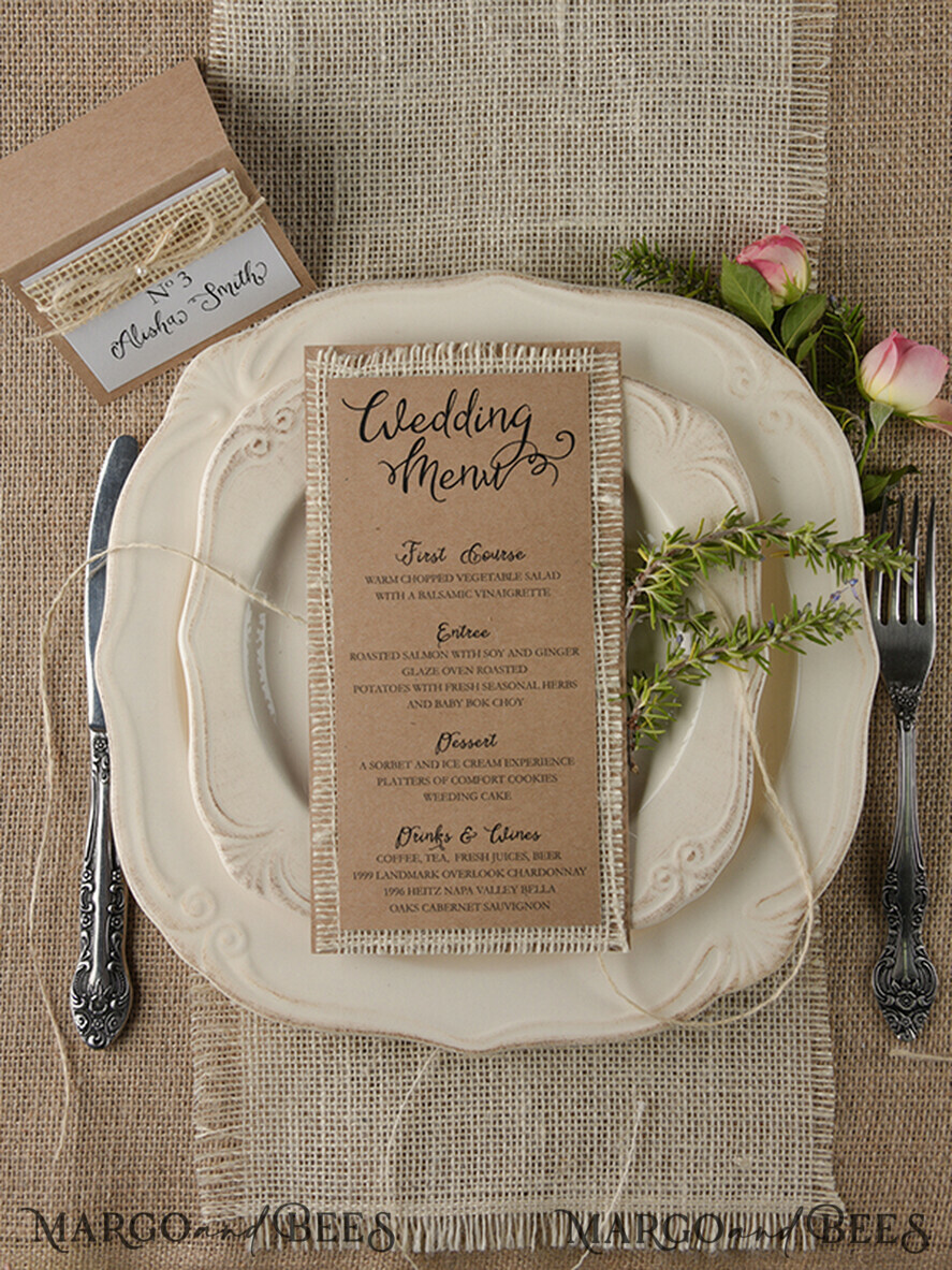 MENÜ & PROGRAMME  
 rustikal und Spitze Rustikales Braun und Jute-Hochzeitsmenü, Scheunenhochzeits-Dinner-Menü, öko-romantische personalisierte Karten, Kraft-Hochzeitsmenü, einfaches rustikales Hochzeitsmenü, elegantes öko-braunes Hochzeitsmenü-Karten