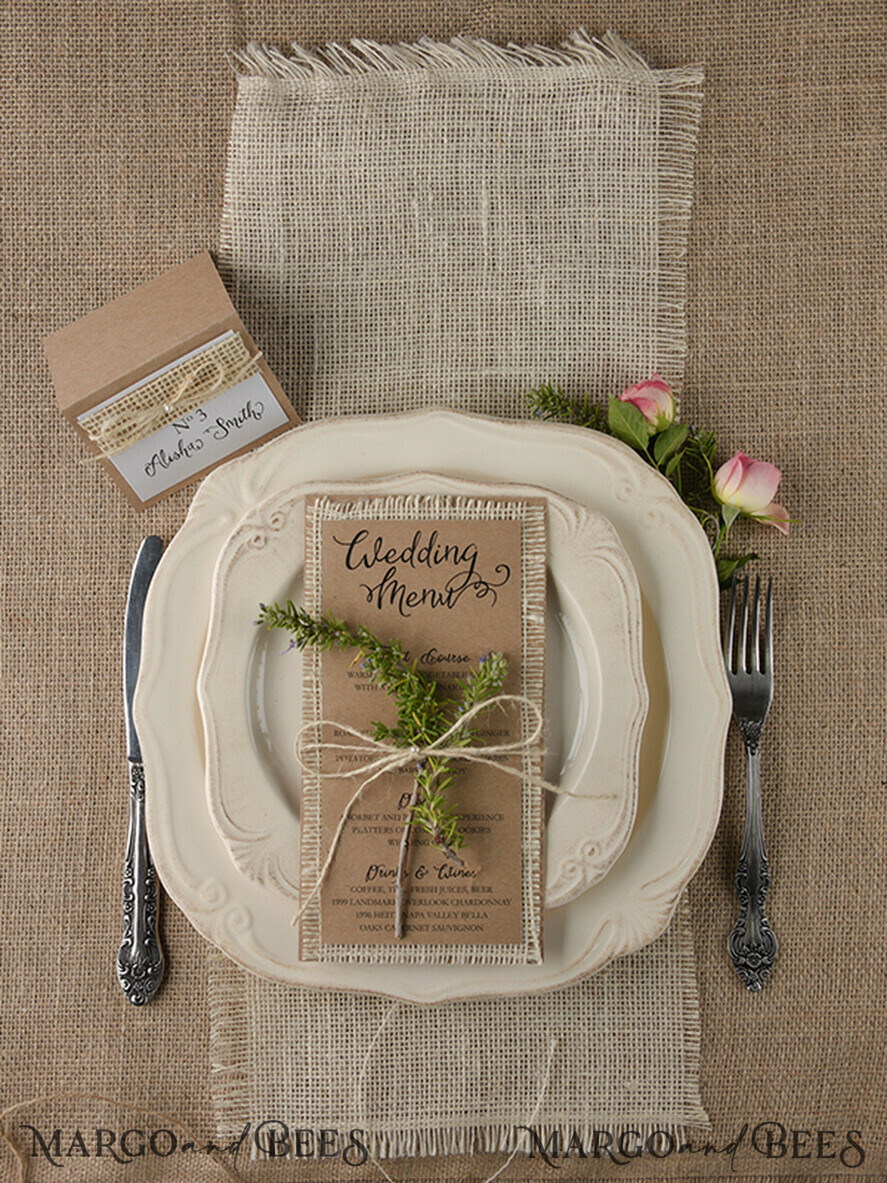MENÜ & PROGRAMME  
 rustikal und Spitze Rustikales Braun und Jute-Hochzeitsmenü, Scheunenhochzeits-Dinner-Menü, öko-romantische personalisierte Karten, Kraft-Hochzeitsmenü, einfaches rustikales Hochzeitsmenü, elegantes öko-braunes Hochzeitsmenü-Karten