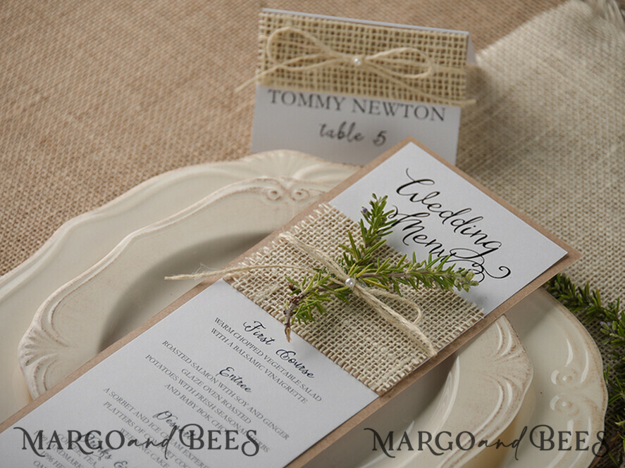 MENÜ & PROGRAMME  
 rustikal und Spitze Minimalistisches Braunes Hochzeitsmenü, Ästhetisches Empfangs-Dinner-Menü, Romantisches Shabby Chic Menü mit Jute-Schnur, Elegante handgemachte weiße & braune Hochzeitsmenükarten