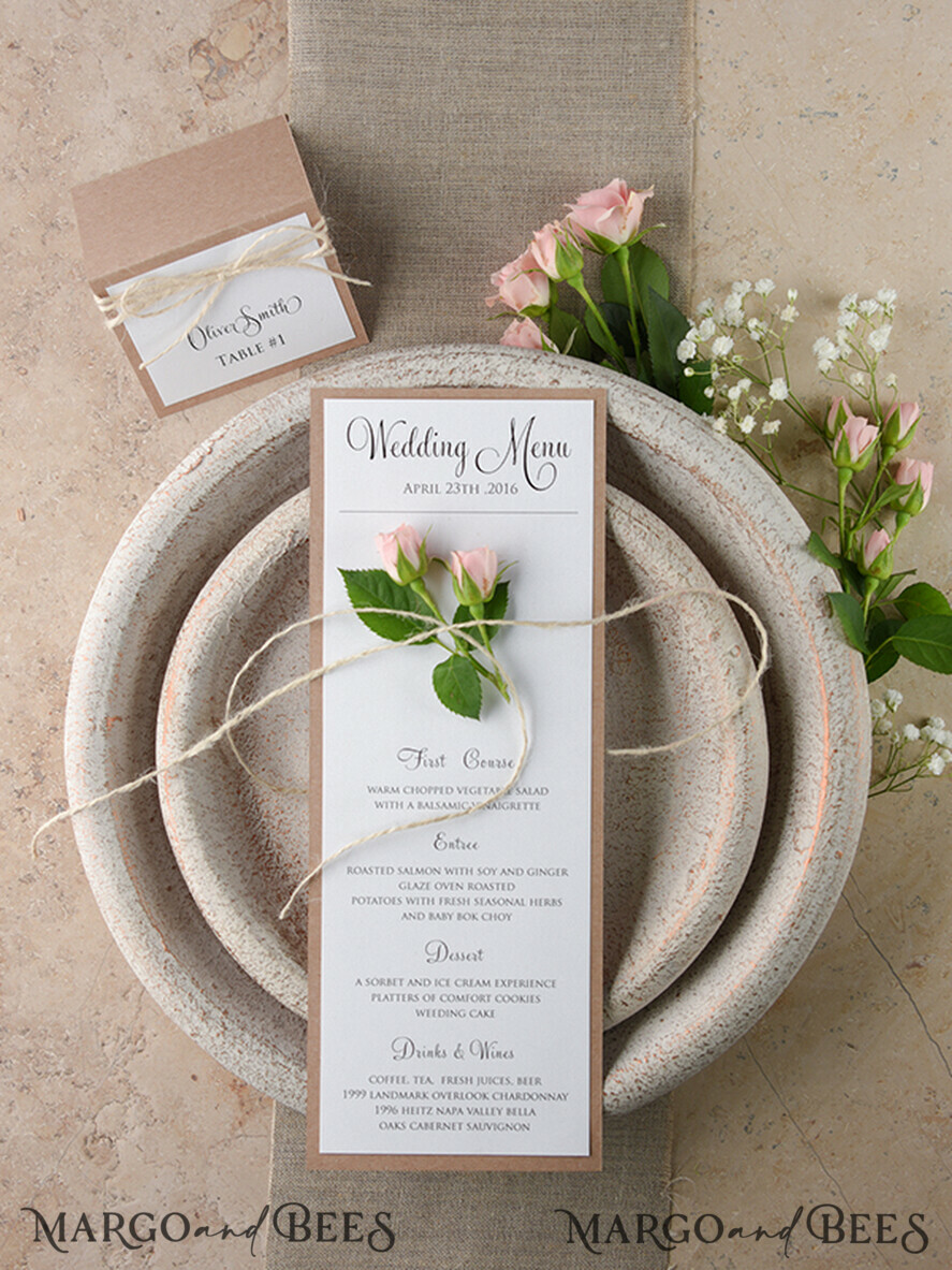 MENÜ & PROGRAMME  
 rustikal und Spitze Einfaches rustikales Glam-Hochzeitsmenü, maßgeschneiderte Vintage-Hochzeitsmenü-Karten, elegante handgefertigte Hochzeitsmenüs mit Zwirn, einzigartige individuelle minimalistische Hochzeitsmenü-Karten