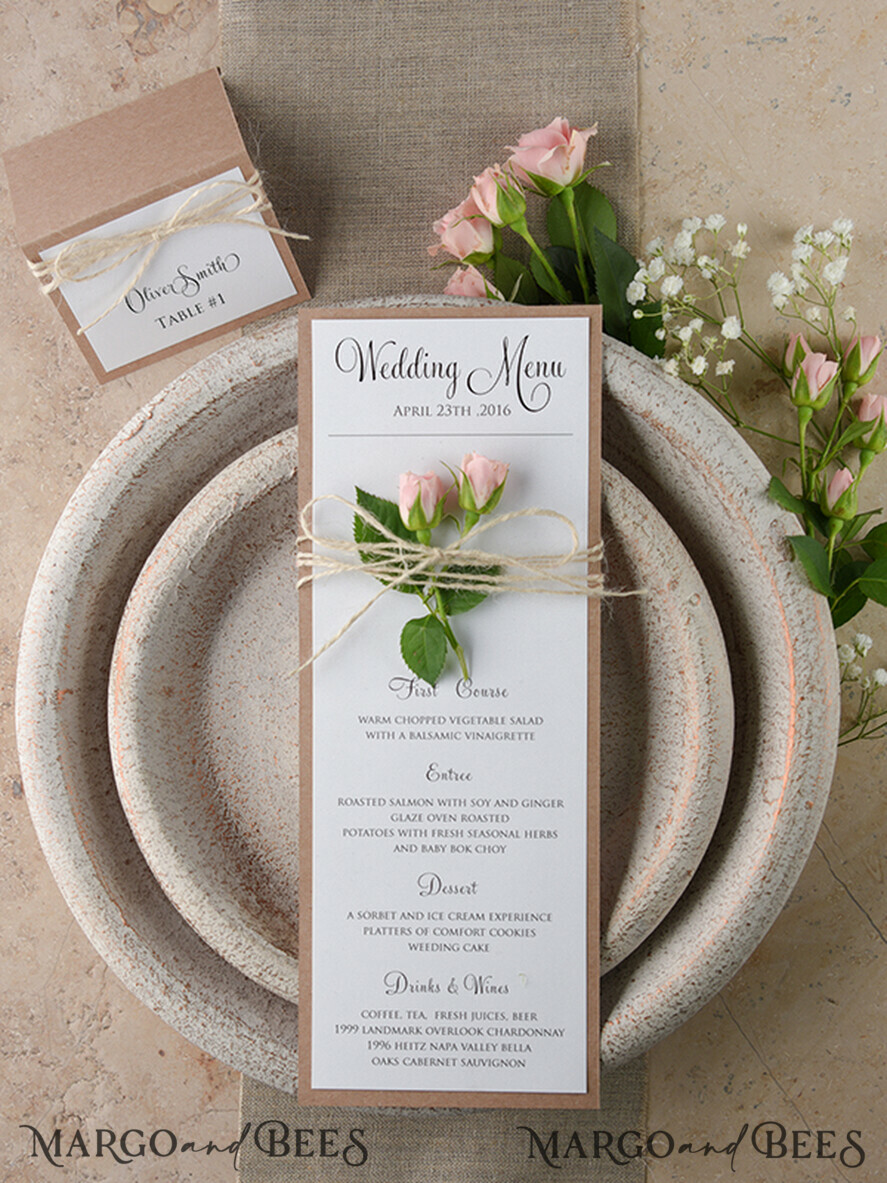 MENÜ & PROGRAMME  
 rustikal und Spitze Einfaches rustikales Glam-Hochzeitsmenü, maßgeschneiderte Vintage-Hochzeitsmenü-Karten, elegante handgefertigte Hochzeitsmenüs mit Zwirn, einzigartige individuelle minimalistische Hochzeitsmenü-Karten