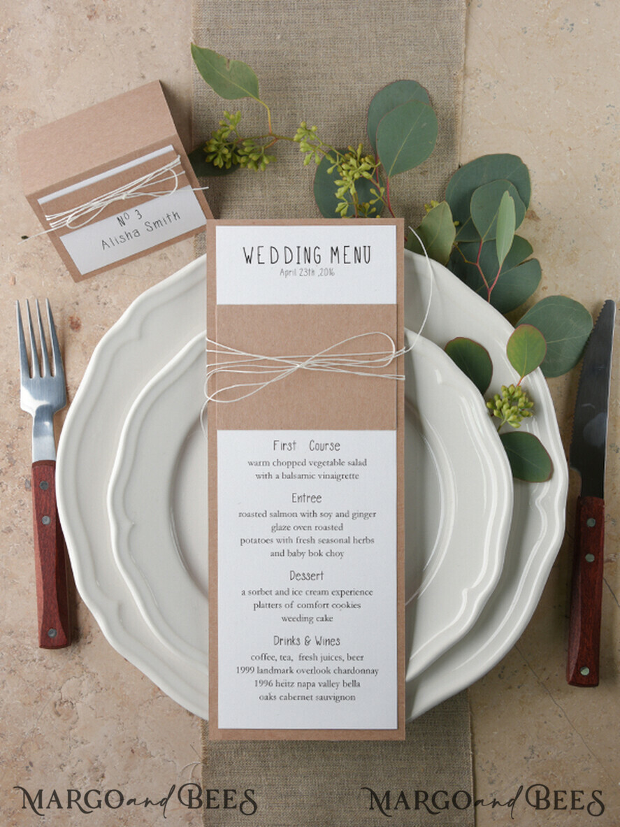 MENÜ & PROGRAMME  
 rustikal und Spitze Minimalistische weiße Hochzeitsmenüs, elegante rustikale Hochzeitsmenükarten, ästhetisches Hochzeitsdinner-Menü mit Schnur, modernes Hochzeitsmenü, zartes klassisches Hochzeitsmenü.