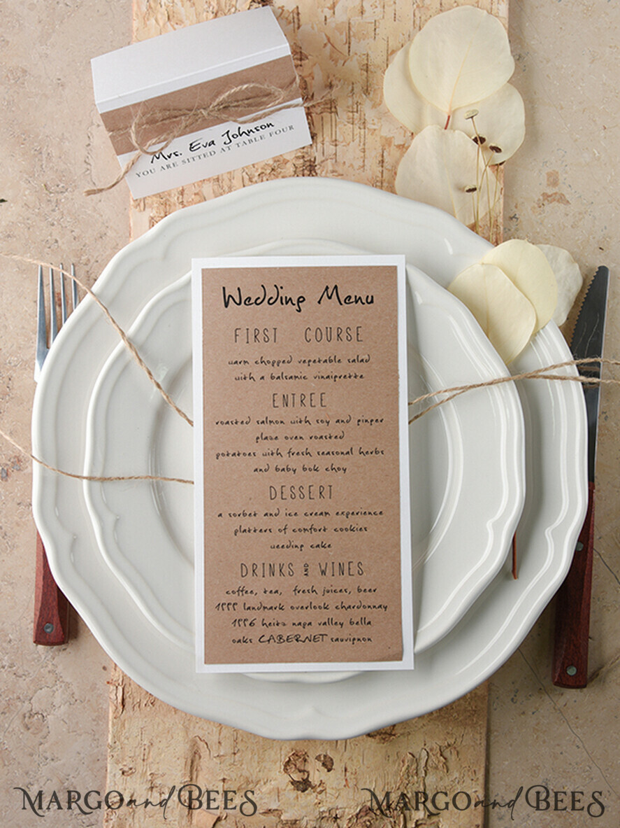 MENÜ & PROGRAMME  
 rustikal und Spitze Rustikales Hochzeitsmenü, Hochzeitsdinner-Menü in der Scheune, ökologische romantische personalisierte Karten mit Blatt und Schnur, Kraft-Hochzeitsmenü, einfaches handgemachtes rustikales Hochzeitsmenü