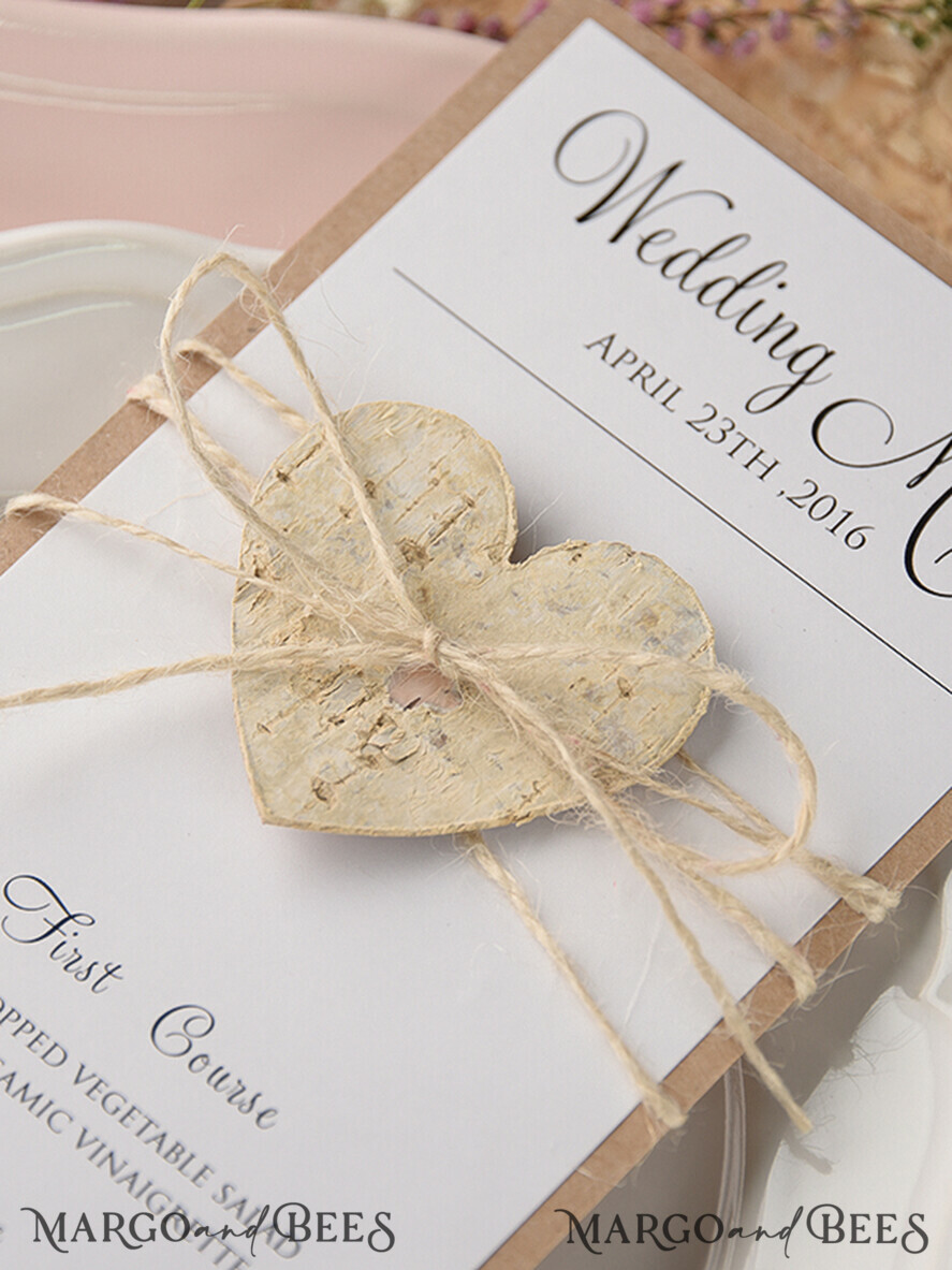 MENÜ & PROGRAMME  
 rustikal und Spitze Rustikales Hochzeitsmenü mit Spitze, Barn Hochzeit Dinner Menü, Eco romantische personalisierte Karten mit Holzherz, Kraft Hochzeitsmenü, einfaches rustikales Hochzeitsmenü, elegante weiße Hochzeitsmenükarten