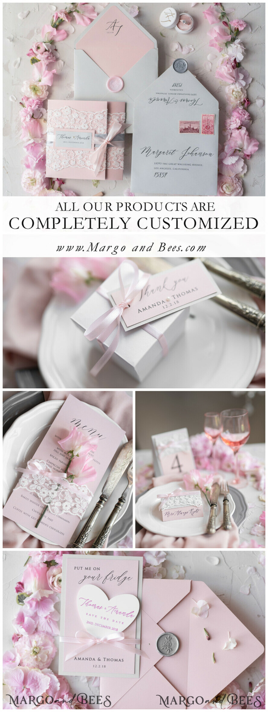 MENÜ & PROGRAMME  
 rustikal und Spitze Romantisches Blush-Pink Hochzeitsmenü mit Band, personalisierte Menü-Karten aus Vintage-Spitze, Shabby Chic Hochzeitsmenü mit floralem Motiv, minimalistische Hochzeitskarten