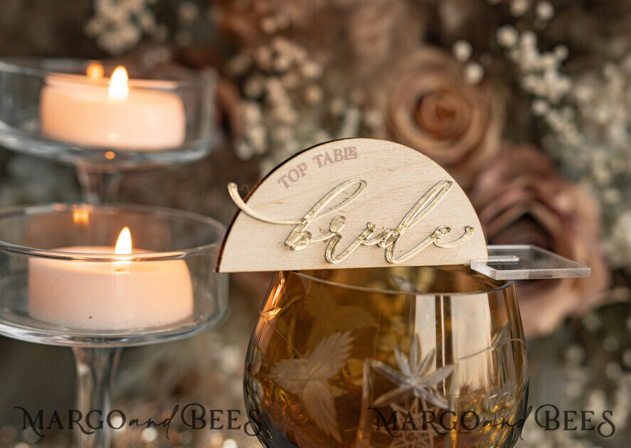 PLATZKARTEN / TISCHKARTEN  
 Acrylgold klar / Holz 3D Rustikale Bogen Tischkarten mit Ständer, moderne Holz Namenskarten, Premium Bogen goldene Sitzkarten, Holz Gold Spiegel Escortkarten, Boho natürliche Tischkarten