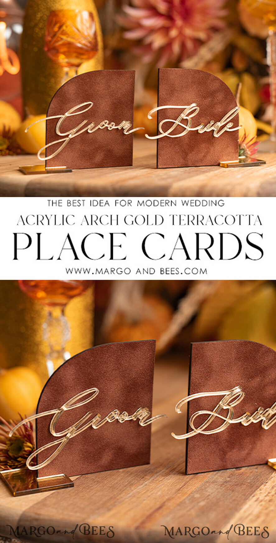 PLATZKARTEN / TISCHKARTEN  
 Acrylgold klar / Holz 3D Terrakotta Herbsthochzeitsplatzkarten, moderne halbrunde Samt-Acryl-Platzkarte mit Ständer, Hochzeitsplatzkarten in Gold, Samt- und Acryl-Namenskarten, bearbeitbarer Text