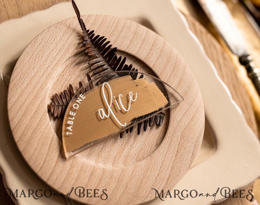PLATZKARTEN / TISCHKARTEN  
 Acrylgold klar / Holz 3D Moderne Bogen-Acryl-Gold-Tischkarten, Hochzeits-Tischkarten, Bogen-Klare Namenskarten, Premium-Luxus-Sitzkarten, Bearbeitbare Text-Eskortkarten, Weiße Druck-Namenskarten
