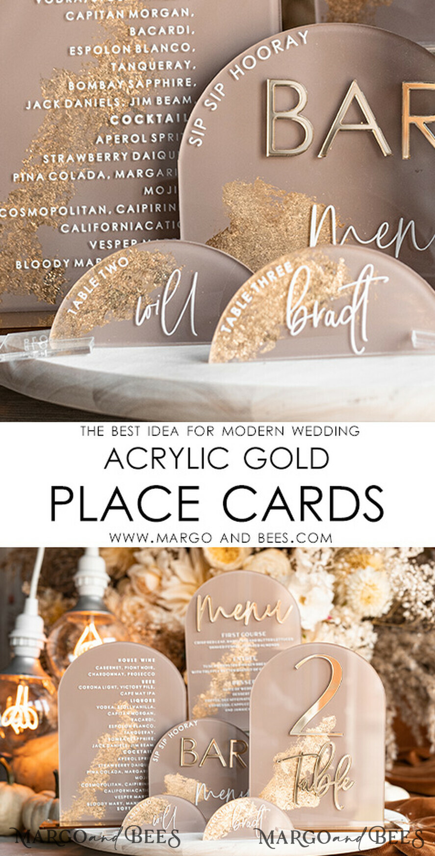 PLATZKARTEN / TISCHKARTEN  
 Acrylgold klar / Holz 3D Acrylbogen Beige Platzkarte mit Ständer, klare Acryl- und goldene flache Platzkarte, nude goldene Plexi-flache Platzkarte, tanzen Luxus Hochzeitsdekoration, erdige Hochzeit