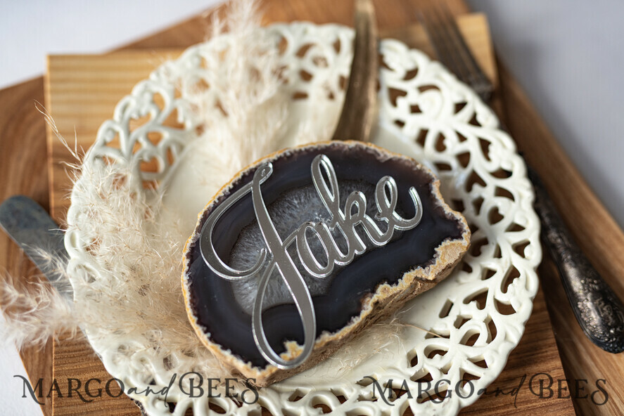PLATZKARTEN / TISCHKARTEN  
 Acrylgold klar / Holz 3D Extra große Namenskarten, maßgeschneiderte elegante 3D Silber Spiegel Acryl Platzkarten, gravierte Premium Luxus Sitzkarten mit Namen, silberne Acryl individuelle Platzkarten.
