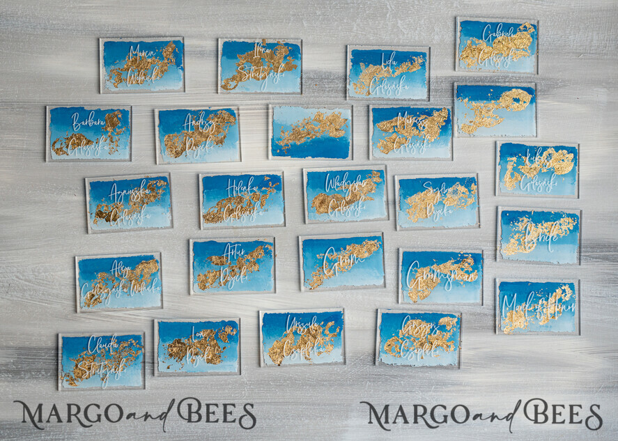 PLATZKARTEN / TISCHKARTEN  
 Acrylgold klar / Holz 3D Moderne Ombre Himmelblau Acryl Platzkarte, Hochzeitsplatzkarten, Königsblaue Namenskarten Premium, Transparente Acryl Sitzkarte, Bemalte Luxus Escortkarten