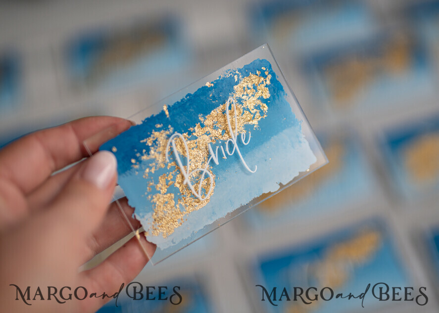 PLATZKARTEN / TISCHKARTEN  
 Acrylgold klar / Holz 3D Moderne Ombre Himmelblau Acryl Platzkarte, Hochzeitsplatzkarten, Königsblaue Namenskarten Premium, Transparente Acryl Sitzkarte, Bemalte Luxus Escortkarten