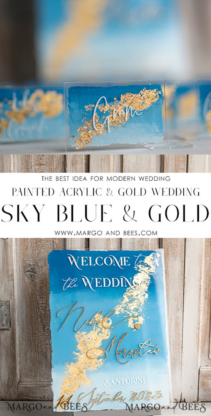 PLATZKARTEN / TISCHKARTEN  
 Acrylgold klar / Holz 3D Moderne Ombre Himmelblau Acryl Platzkarte, Hochzeitsplatzkarten, Königsblaue Namenskarten Premium, Transparente Acryl Sitzkarte, Bemalte Luxus Escortkarten
