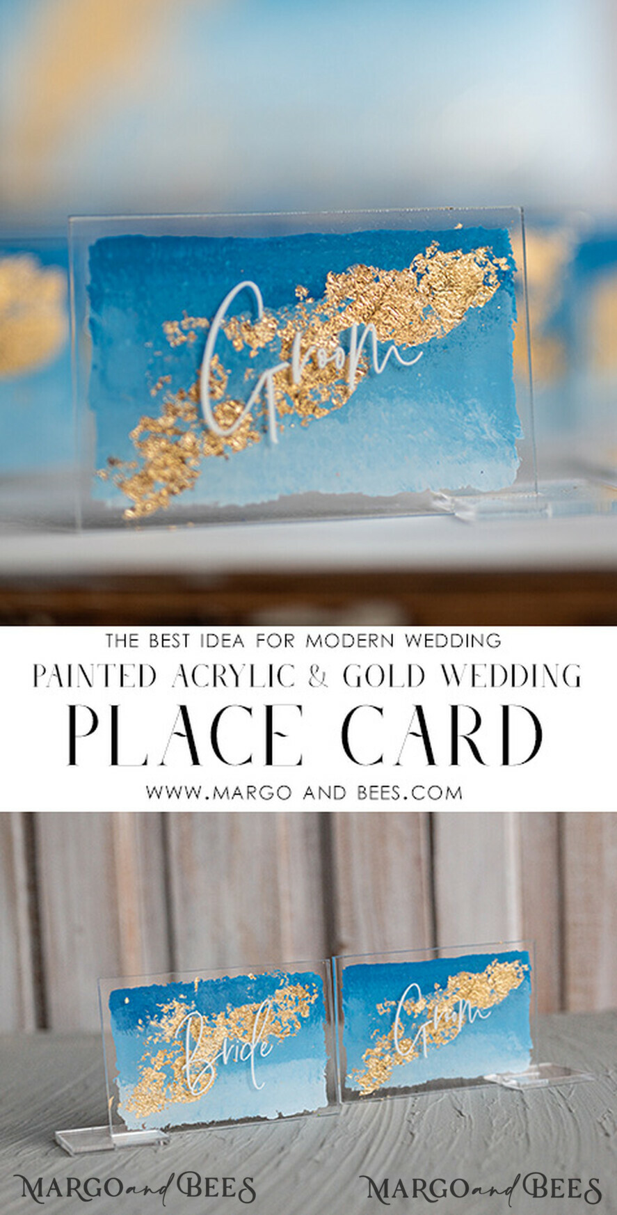 PLATZKARTEN / TISCHKARTEN  
 Acrylgold klar / Holz 3D Moderne Ombre Himmelblau Acryl Platzkarte, Hochzeitsplatzkarten, Königsblaue Namenskarten Premium, Transparente Acryl Sitzkarte, Bemalte Luxus Escortkarten