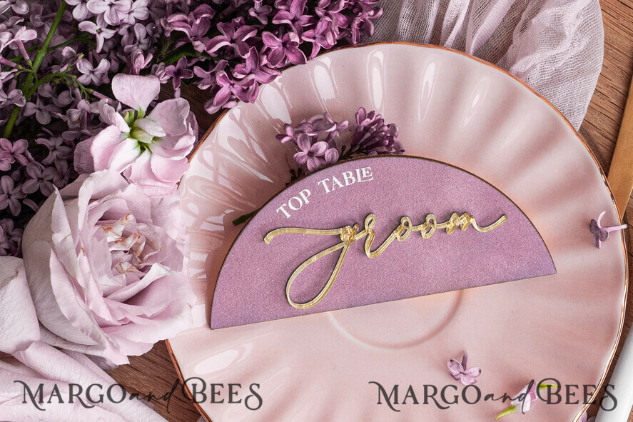 PLATZKARTEN / TISCHKARTEN  
 Acrylgold klar / Holz 3D Mauve Hochzeitsplatzkarten, Moderne Bogen Samt Gold Acryl Platzkarte ohne Ständer, Hochzeitsplatz gold Karten, Samt Spiegel gold Namenskarten, editierbarer Text, MvS