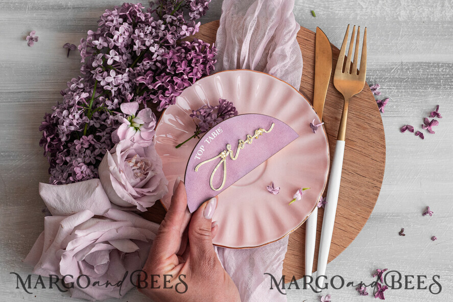 PLATZKARTEN / TISCHKARTEN  
 Acrylgold klar / Holz 3D Mauve Hochzeitsplatzkarten, Moderne Bogen Samt Gold Acryl Platzkarte ohne Ständer, Hochzeitsplatz gold Karten, Samt Spiegel gold Namenskarten, editierbarer Text, MvS