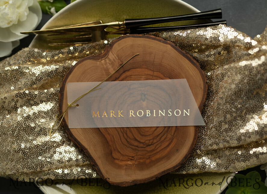 PLATZKARTEN / TISCHKARTEN  
 Luxus Premium Glitzer/ Gold/ Silber/ Roségold Minimalistische geometrische grüne Hochzeitsplatzkarten, zarte transparente Vellum-Hochzeitsnamensschilder mit goldener Schnur, moderne Hochzeitsstationery, individuelle Tischkarten.
