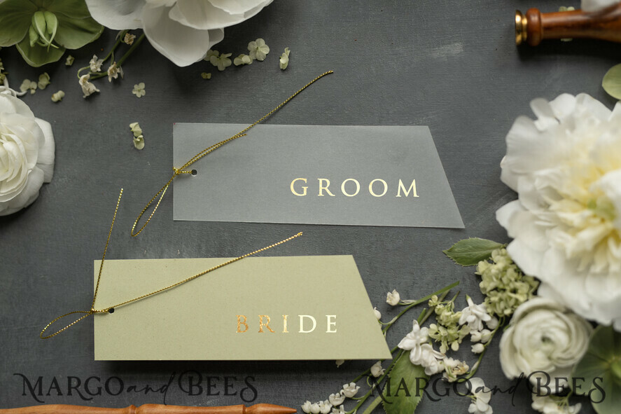 PLATZKARTEN / TISCHKARTEN  
 Luxus Premium Glitzer/ Gold/ Silber/ Roségold Minimalistische geometrische grüne Hochzeitsplatzkarten, zarte transparente Vellum-Hochzeitsnamensschilder mit goldener Schnur, moderne Hochzeitsstationery, individuelle Tischkarten.
