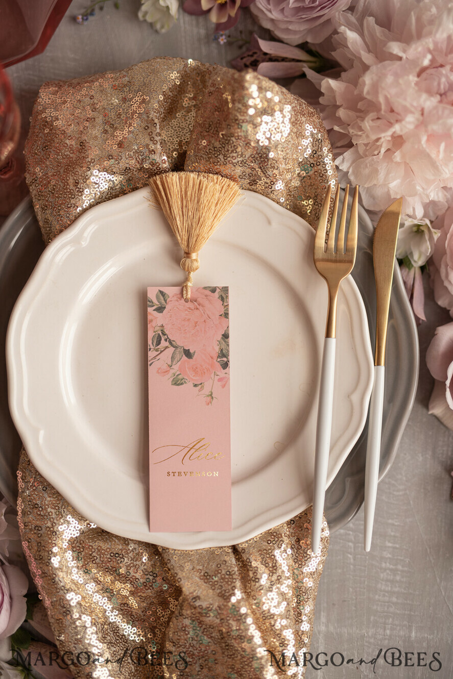 PLATZKARTEN / TISCHKARTEN  
 Luxus Premium Glitzer/ Gold/ Silber/ Roségold Elegante Hochzeits-Eskortkarte mit goldenem Quasten, Goldfolien-Druck mit Blumen, romantische Quasten-Hochzeitsplatzkarte, blushpinkfarbene Namenskarten, Platzkarte mit individuellem Text.
