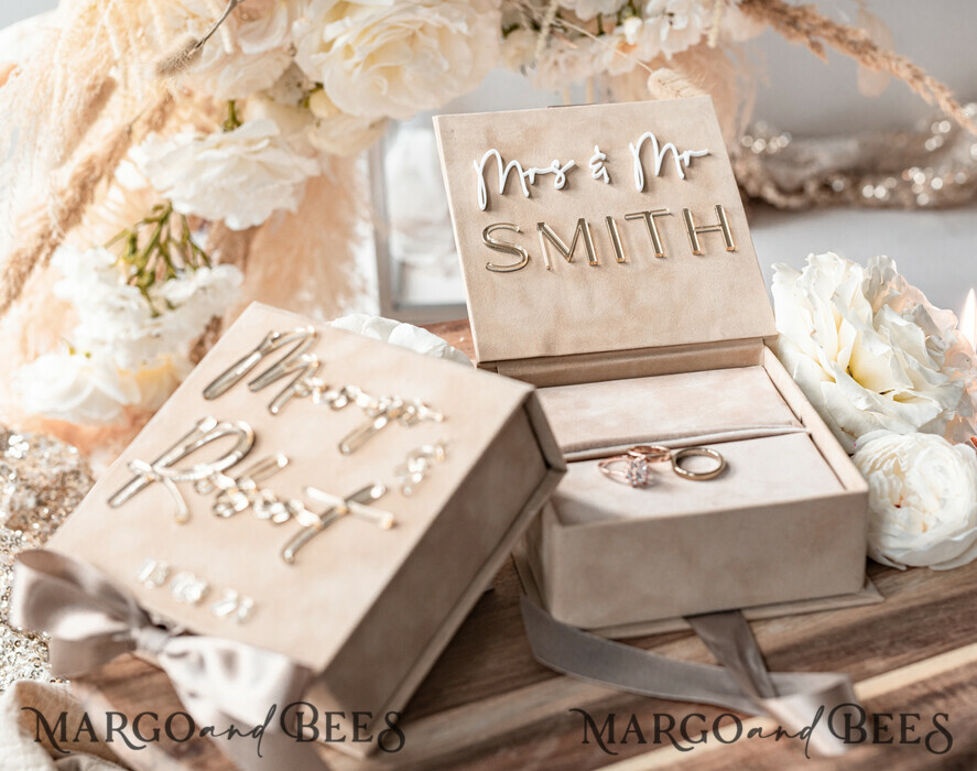 RINGTRÄGERBOXEN & KISSEN Samtkästchen für den Trauungszeremonie Beige Pink Goldene Samt Hochzeitsringbox für die Zeremonie, Ringbox für die Hochzeitszeremonie 3 Ringe Samt, Boho Glam Hochzeitsringboxen für ihn und sie, Luxus Samt Ringbox doppelt in benutzerdefinierten Farben.