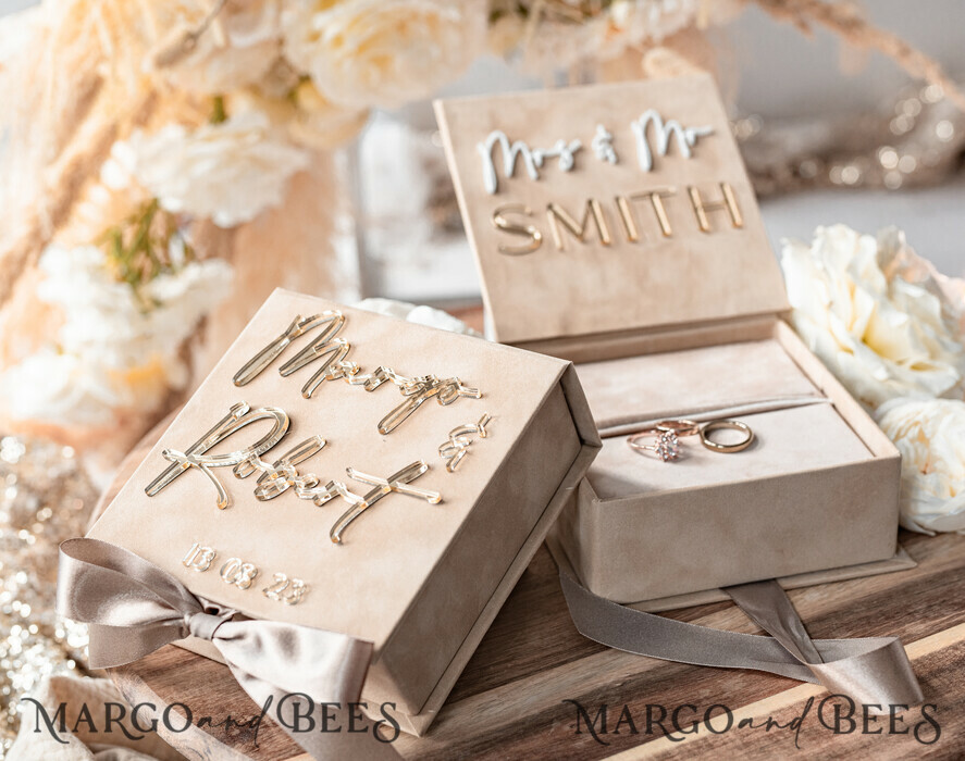 RINGTRÄGERBOXEN & KISSEN Samtkästchen für den Trauungszeremonie Beige Pink Goldene Samt Hochzeitsringbox für die Zeremonie, Ringbox für die Hochzeitszeremonie 3 Ringe Samt, Boho Glam Hochzeitsringboxen für ihn und sie, Luxus Samt Ringbox doppelt in benutzerdefinierten Farben.