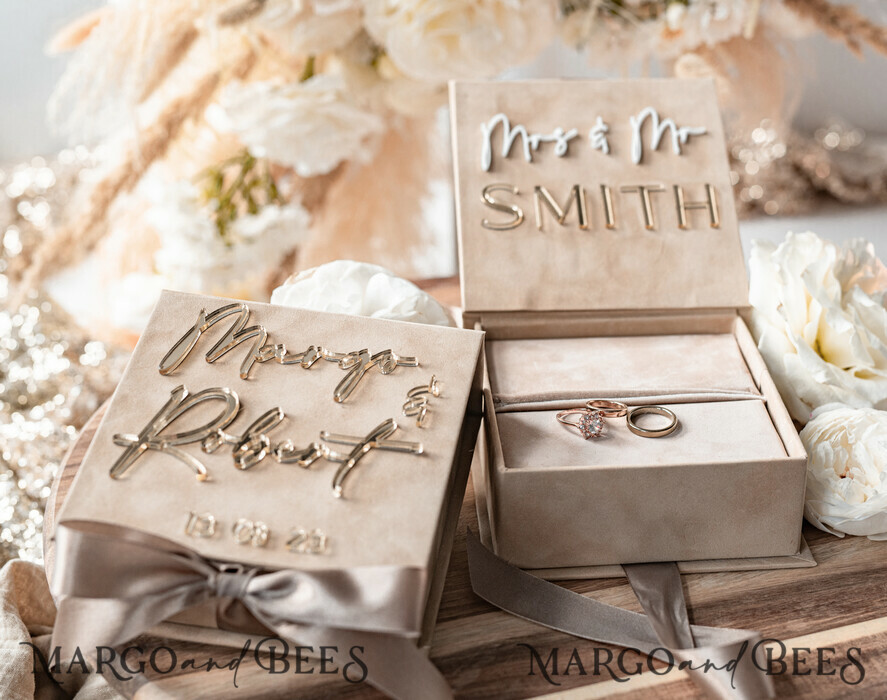 RINGTRÄGERBOXEN & KISSEN Samtkästchen für den Trauungszeremonie Beige Pink Goldene Samt Hochzeitsringbox für die Zeremonie, Ringbox für die Hochzeitszeremonie 3 Ringe Samt, Boho Glam Hochzeitsringboxen für ihn und sie, Luxus Samt Ringbox doppelt in benutzerdefinierten Farben.
