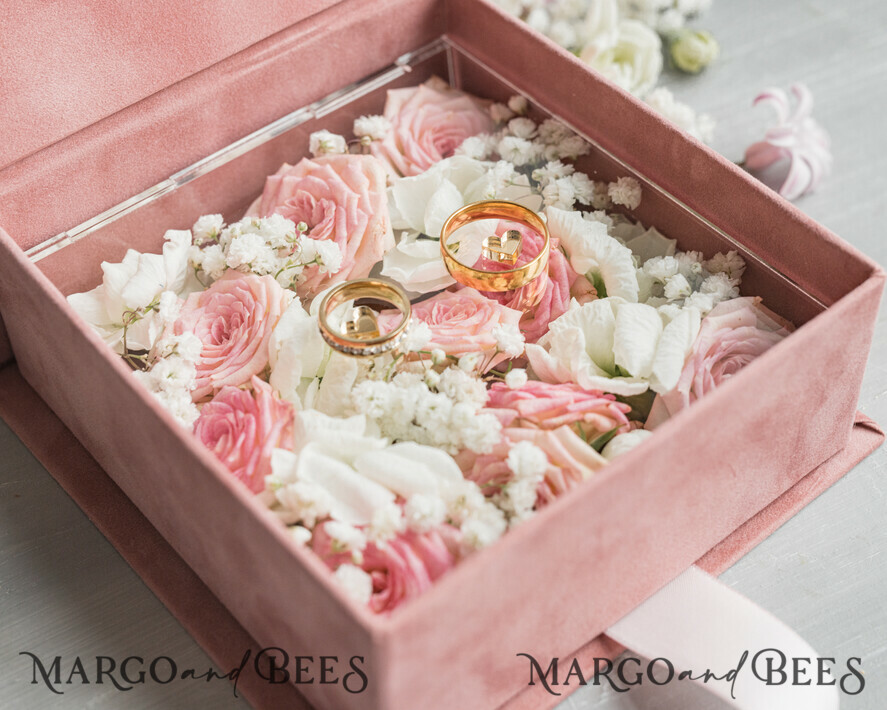 RINGTRÄGERBOXEN & KISSEN Samtkästchen für den Trauungszeremonie Elegante Samt blass rosa Trauringe Box, Glamour gold Trauringe Box, Elegante Acryl Hochzeitsbox Samt blass rosa Trauringe Box