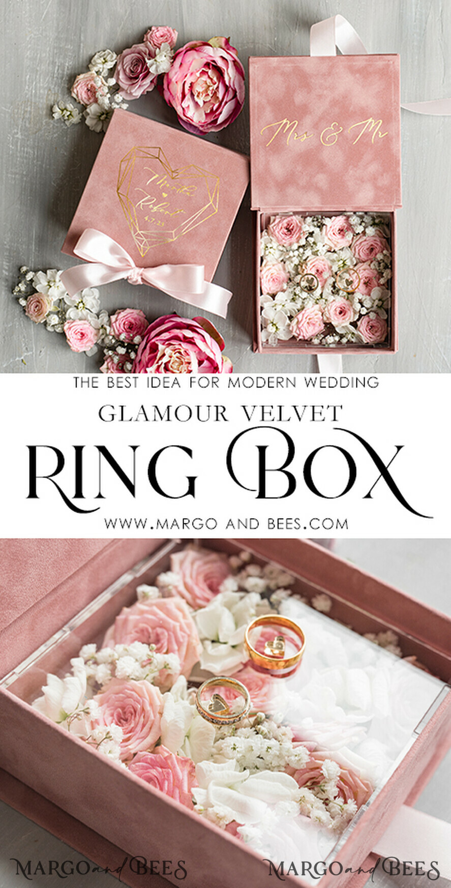 RINGTRÄGERBOXEN & KISSEN Samtkästchen für den Trauungszeremonie Elegante Samt blass rosa Trauringe Box, Glamour gold Trauringe Box, Elegante Acryl Hochzeitsbox Samt blass rosa Trauringe Box
