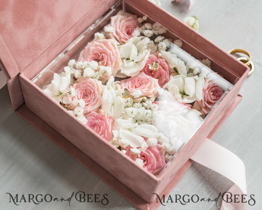 RINGTRÄGERBOXEN & KISSEN Samtkästchen für den Trauungszeremonie Luxuriöse Samt-Acryl-Eheringe-Box, Glamour Blush Pink und Gold Eheringe-Box, Elegante Eheringe-Box aus Samt in Blush Pink, Handgefertigte Eheringe-Box.