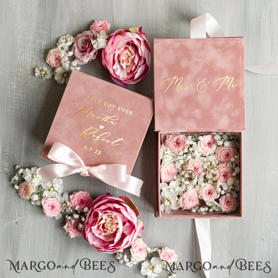 RINGTRÄGERBOXEN & KISSEN Samtkästchen für den Trauungszeremonie Luxuriöse Samt-Acryl-Eheringe-Box, Glamour Blush Pink und Gold Eheringe-Box, Elegante Eheringe-Box aus Samt in Blush Pink, Handgefertigte Eheringe-Box.