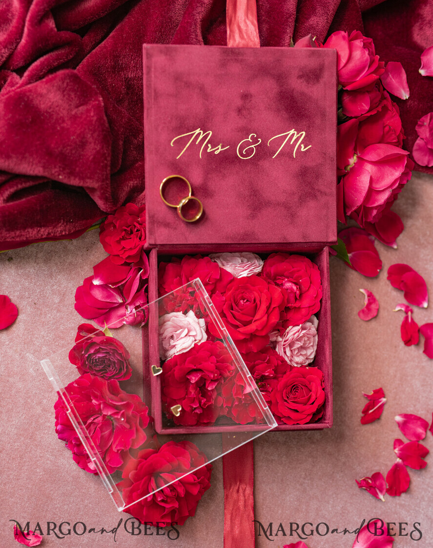 RINGTRÄGERBOXEN & KISSEN Samtkästchen für den Trauungszeremonie Luxus Samt Acryl Trauring Box, Glamour Maroon und gold Trauring Box, Elegante Trauring Box Samt Burgunder Pink, Handgemachte Trauring Box