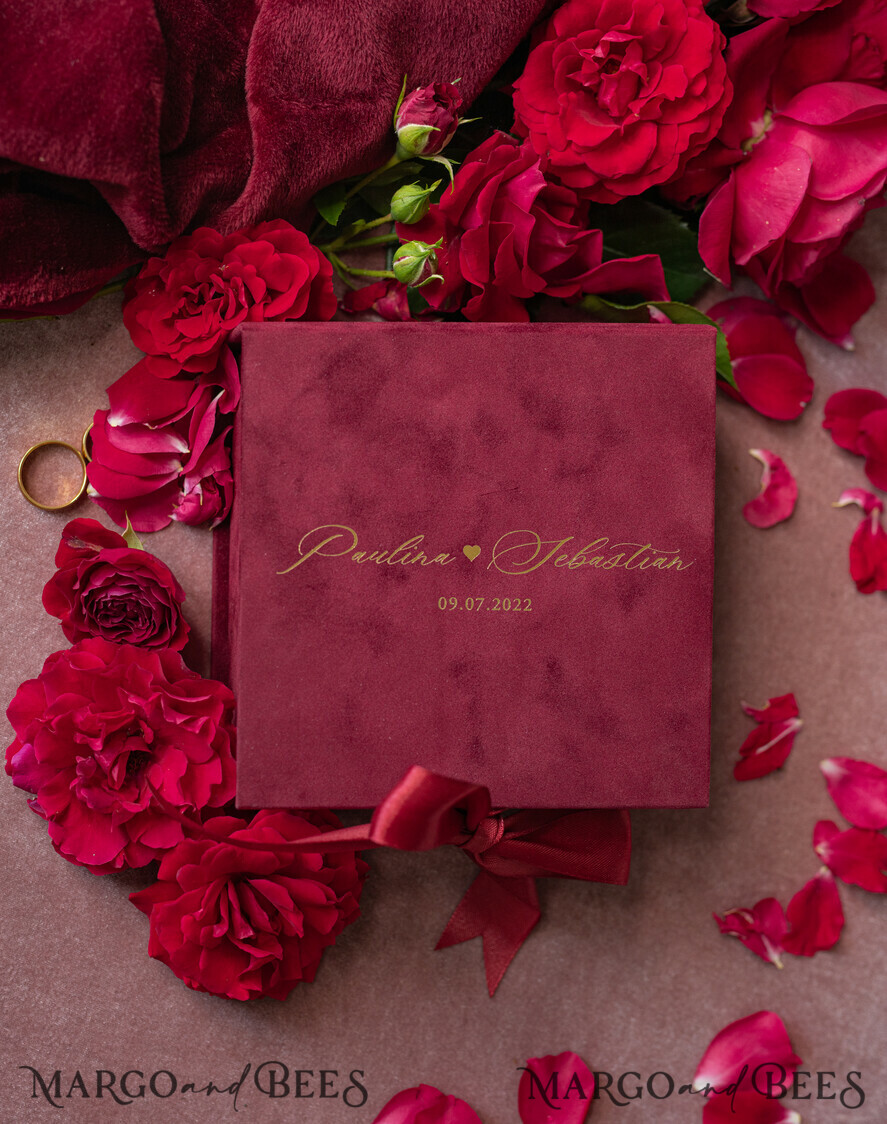 RINGTRÄGERBOXEN & KISSEN Samtkästchen für den Trauungszeremonie Luxus Samt Acryl Trauring Box, Glamour Maroon und gold Trauring Box, Elegante Trauring Box Samt Burgunder Pink, Handgemachte Trauring Box