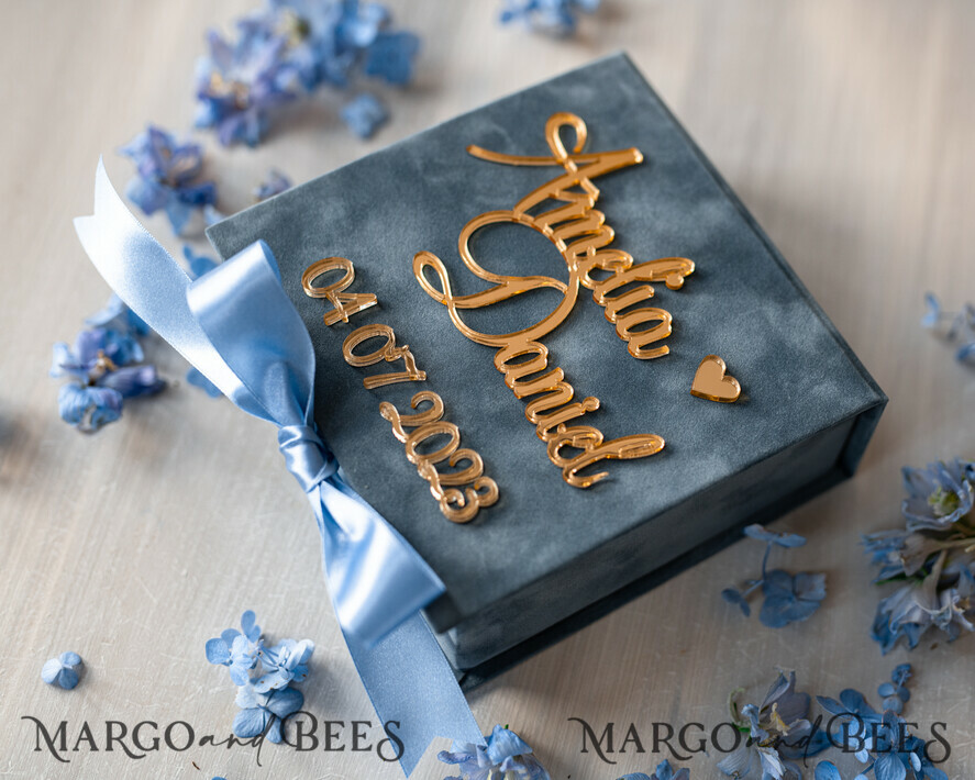 RINGTRÄGERBOXEN & KISSEN Samtkästchen für den Trauungszeremonie Staubblauer goldener Samt Hochzeit Ring Box für Zeremonie, Ring Box für Hochzeitszeremonie 3 Ringe Samt, Boho Glam Hochzeit Ring Boxen für ihn und sie, Luxus Samt Ring Box doppelt benutzerdefinierte Farben.