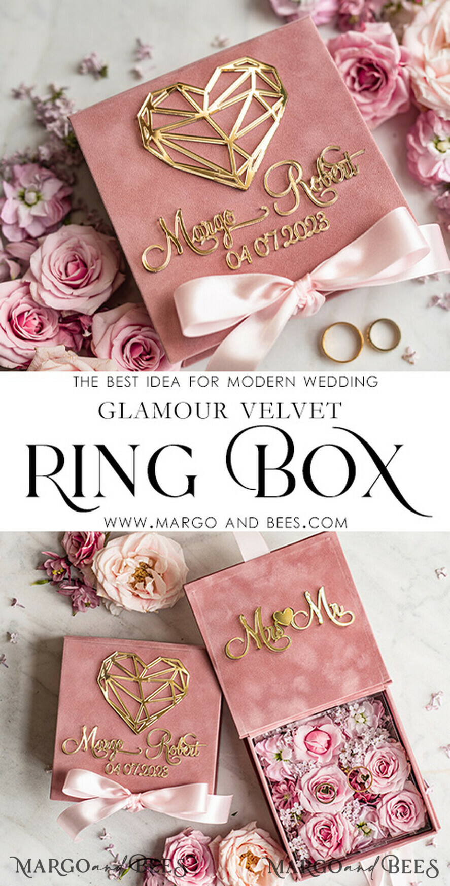 RINGTRÄGERBOXEN & KISSEN Samtkästchen für den Trauungszeremonie Hochzeitsringkissen • Personalisierte Ringträgerkissen • Individuelles Hochzeitsringträgerkissen Elegante maßgefertigte Samt-Hochzeitsringbox, Luxuriöse gravierte Box für Ringe oder Bänder personalisiert, Samt-Ringbox mit Blumen und goldener Schriftzug